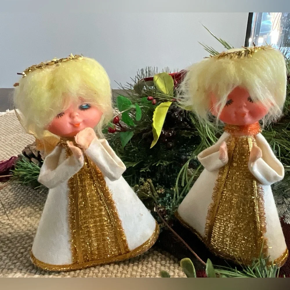 Vintage Lot of 2 Felt Christmas Angel Tree Toppers Japan MCM White Gold